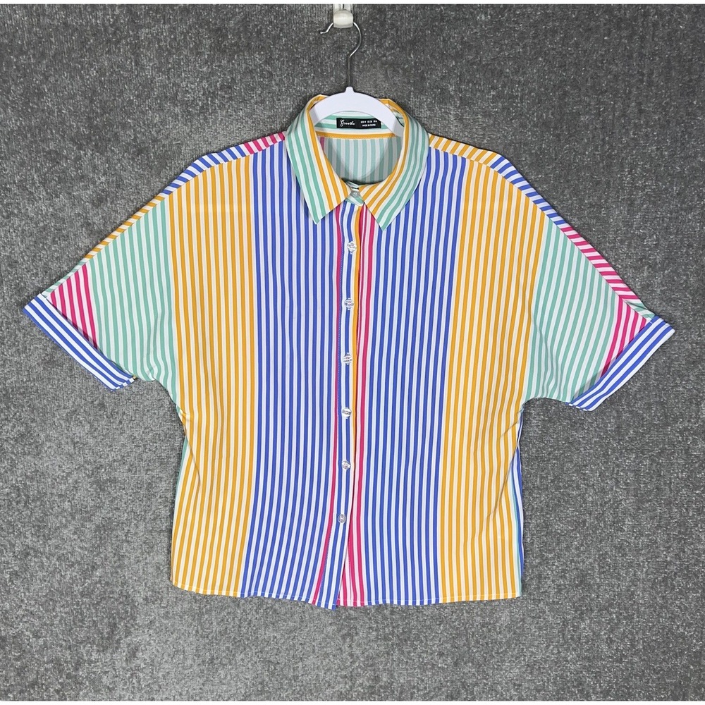 Greathe Striped Button Up Shirt Top Womens Size Medium Short Sleeve Cuffed